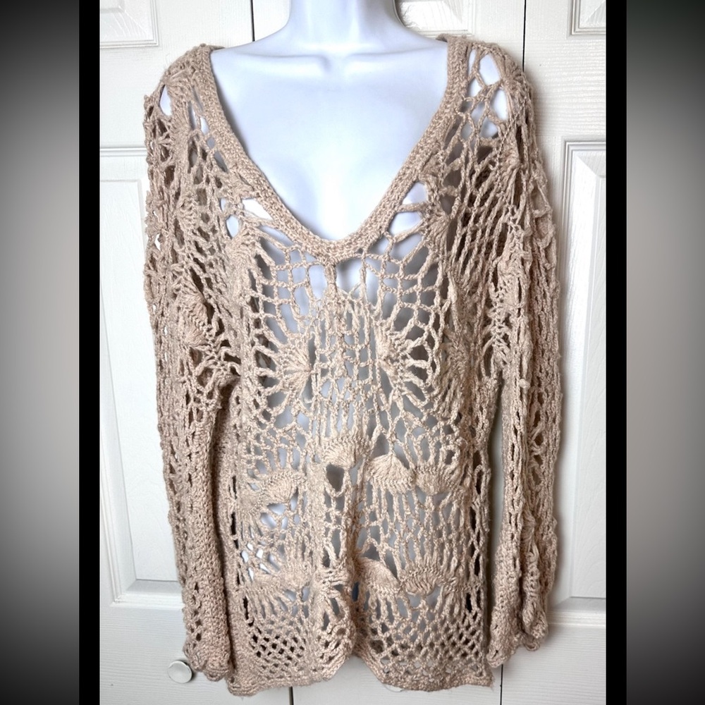 FREE PEOPLE Crochet Sweater Tan Beige Open Knit Beach Swimsuit Coverup Bohemian - Picture 9 of 10